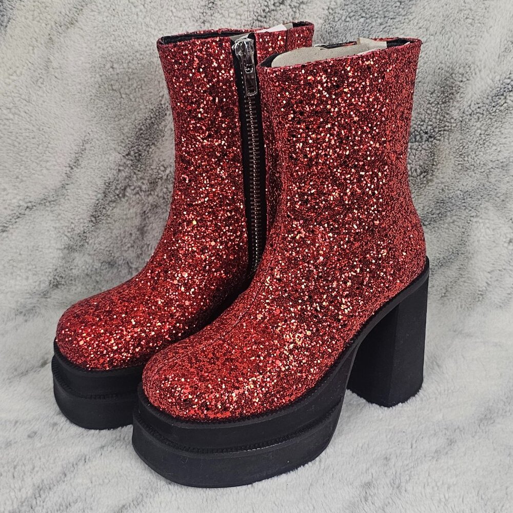 Dolls Kill Size 5 Trickz N' Treatz Red Glitter Double Platform Block Heel Boots